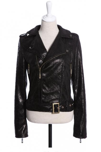 Oasap Street Shiny Faux Leather Motorcycle Jacket With Strap Fastening