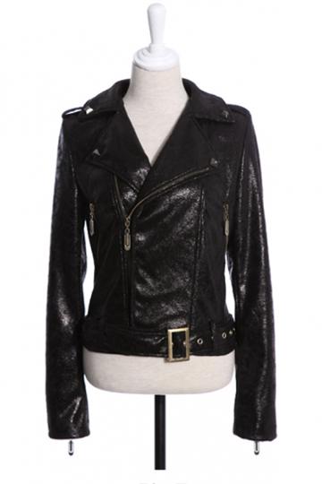 Oasap Street Shiny Faux Leather Motorcycle Jacket With Strap Fastening