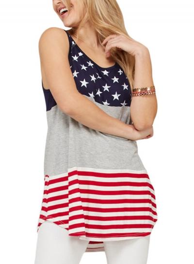 Oasap Gray Sleeveless Colorblock American Flag Print Women Tank Top