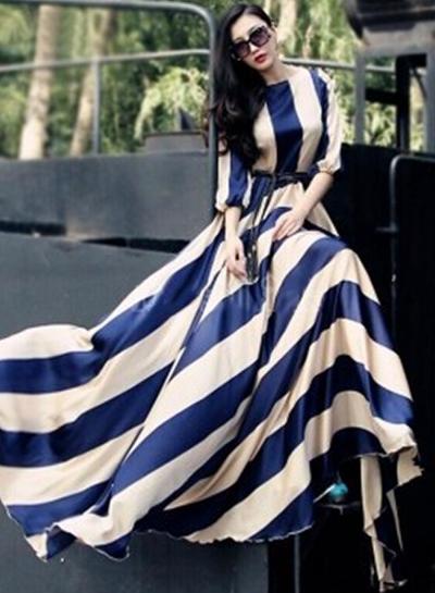 Oasap Elegant Long Sleeve Stripe Maxi Chiffon Party Dress