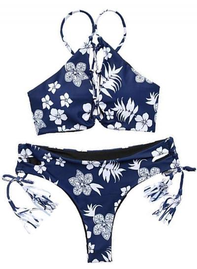 Oasap 2 Piece Floral Halter Bandeau Side Tie Bottom Bikini Set