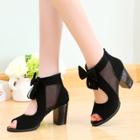 Oasap Peep Toe Bow Mesh Zip Square Heels