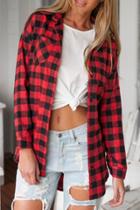 Oasap Red Tartan Plaid Print Button Down Shirt