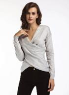 Oasap V Neck Long Sleeve Solid Color Pullover Tee Shirt