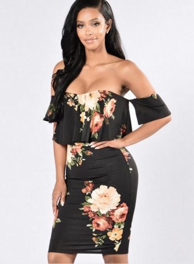 Oasap Floral Printed Strapless Short Sleeve Bodycon Dress