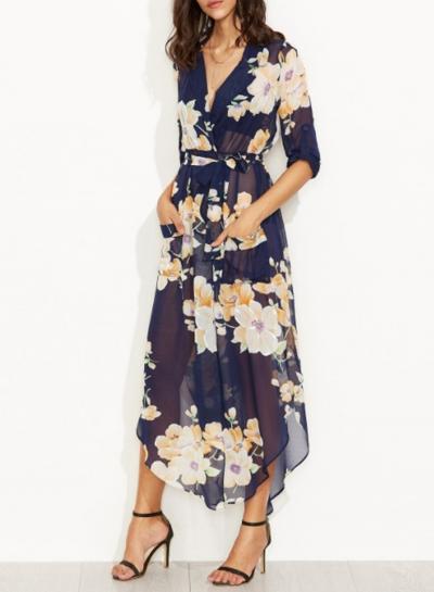Oasap V Neck Floral Print Half Sleeve Sheer Chiffon Dress