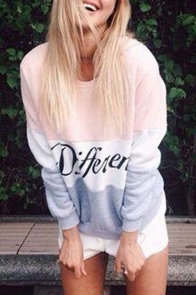 Oasap Color Block Letter Print Round Neck Knit Sweatshirt