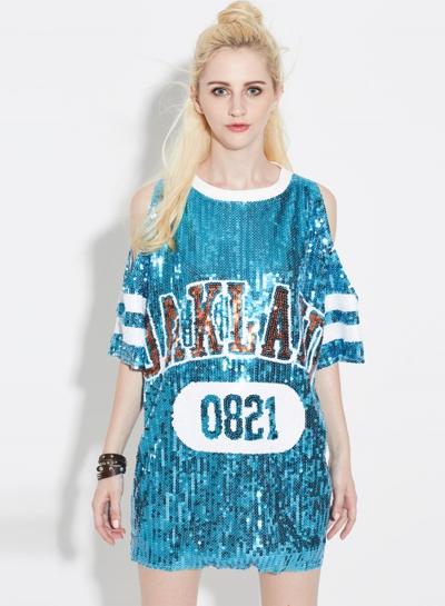 Oasap Sequin Letter Panel Short Sleeve Dress