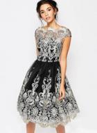 Oasap Vintage Cap Sleeve Mesh Embroidery A-line Dress