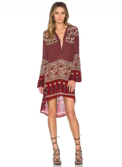Oasap Round Collar Lantern Sleeve Floral Print High Low Dress