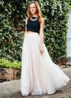 Oasap Solid Color Elastic Waist Mesh Maxi Dress
