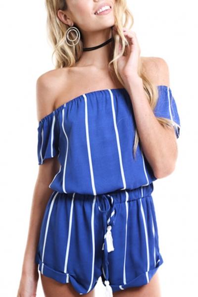 Oasap Off The Shoulder Contrast-stripe Print Elastic Wasit Romper