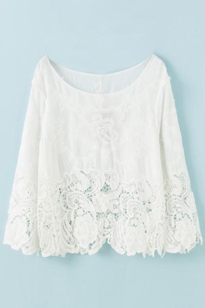 Oasap Sweet Floral Lace Print Round Neck Blouse