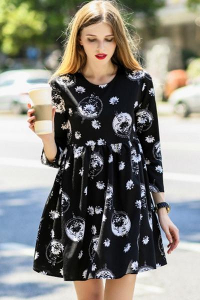 Oasap Floral Pattern Round Neck High Waist Dress