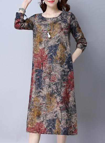 Oasap Floral Long Sleeve A-line Pullover Dress