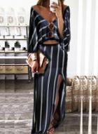 Oasap Striped V Neck Long Sleeve 2 Piece Skirt Set