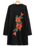 Oasap Round Neck Long Sleeve Floral Embroidery Dresses