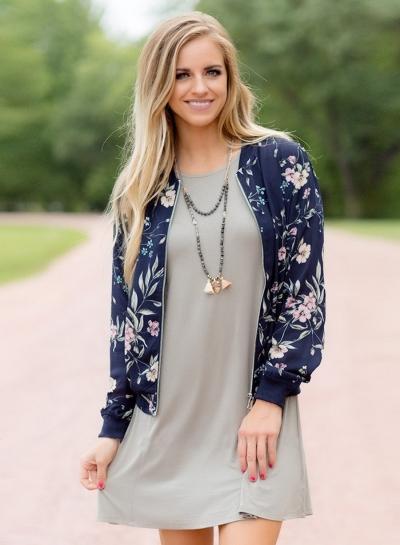 Oasap Floral Print Band Collar Long Sleeve Jacket