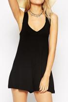 Oasap Black Low Neck Strappy Cross Back Romper