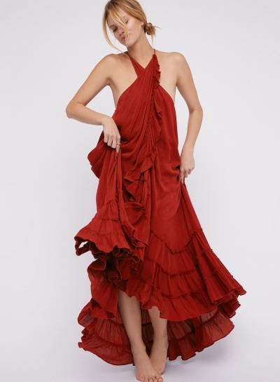Oasap Summer Beach Solid Halter Off The Shoulder Ruffle Hem Slit Maxi Dress