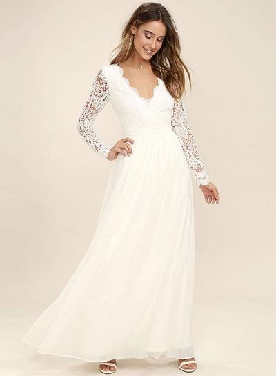 Oasap V Neck Long Sleeve Backless Lace Chiffon Maxi Dress