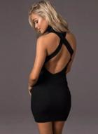 Oasap Elastic High Neck Backless Solid Sweater Bodycon Dress