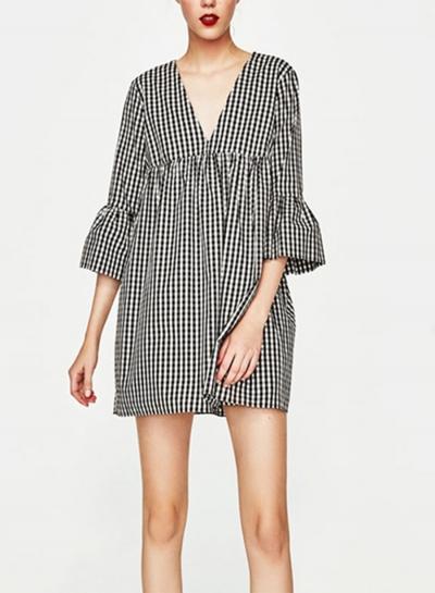 Oasap V Neck Flare Sleeve Plaid Dress