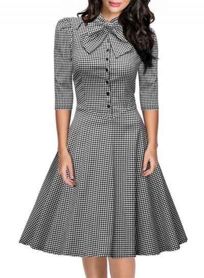 Oasap Bow Collar 3/4 Sleeve Plaid A-line Swing Dress