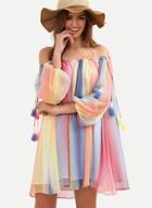 Oasap Slash Neck Rainbow Print Long Sleeve Mini Dress