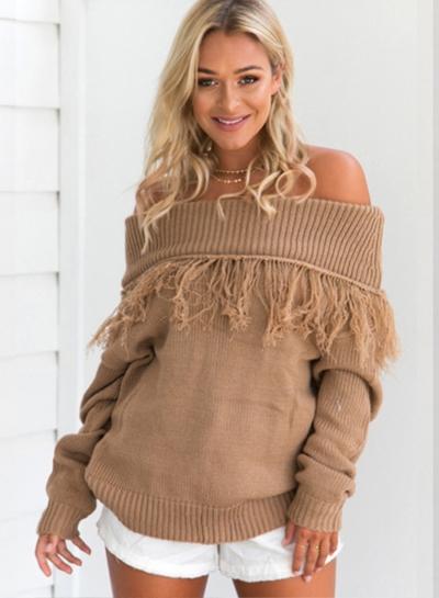 Oasap Slash Neck Solid Color Off Shoulder Fringe Sweater