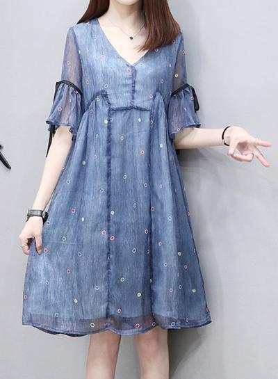 Oasap V Neck Flare Sleeve Polka Dot Loose Dress