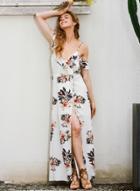 Oasap Off Shoulder Ruffle Floral Printed High Split Prom Dress