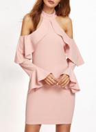 Oasap Halter Neck Long Sleeve Off Shoulder Flounce Hem Dress