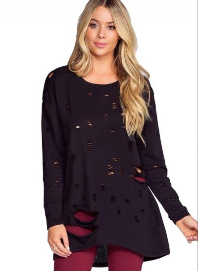 Oasap Long Sleeve Round Neck Ripped Hole Sweatshirt