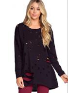 Oasap Long Sleeve Round Neck Ripped Hole Sweatshirt