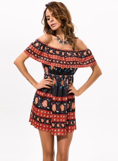 Oasap Slash Neck Off Shoulder Floral Printed Mini Dress