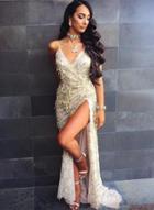 Oasap V Neck Sleeveless High Slit Sequins Maxi Prom Dress