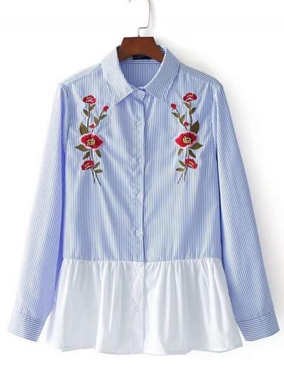 Oasap Turn-down Collar Floral Embroidery Striped Shirt