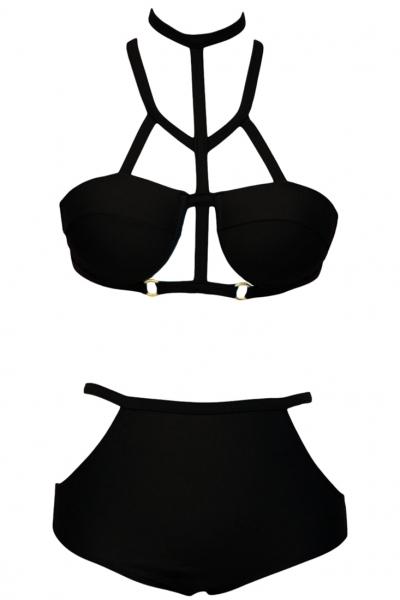 Oasap Black Strappy Cutout Vogue Halter Bikini Swimsuit