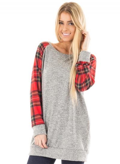 Oasap Fashion Long Sleeve Plaid Loose Knit Tee