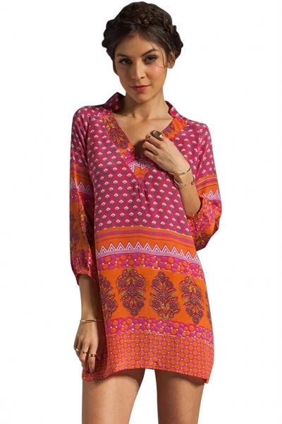 Oasap Mixed Print V Neck Mini Dress