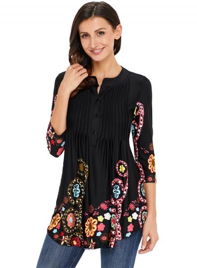 Oasap Casual 3/4 Sleeve Floral Pleated Pullover Blouse