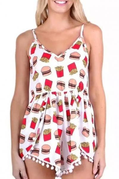 Oasap Gorgeous Poms Decoration Printed Rompers