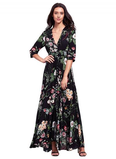 Oasap Bohemian Floral V Neck 3/4 Sleeve Elastic Waist Maxi Dress
