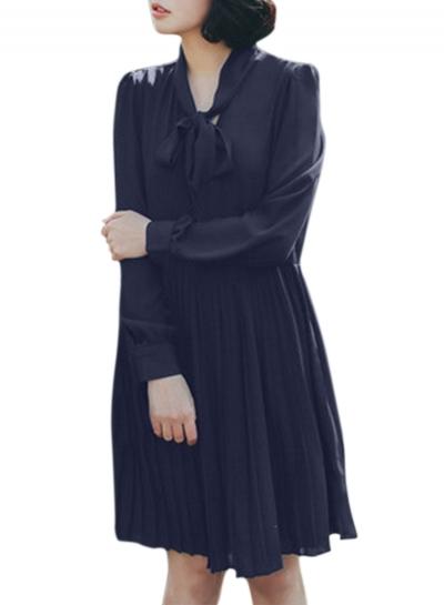 Oasap Women's Tie Collar Pleated Loose Fit Chiffon Dress