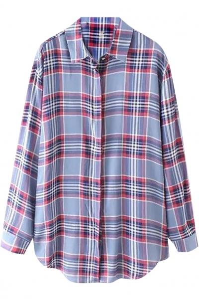 Oasap Color Block Plaid Button Down Shirt