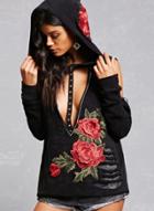 Oasap Deep V Neck Long Sleeve Off Sholuder Floral Embroidery Hoodie