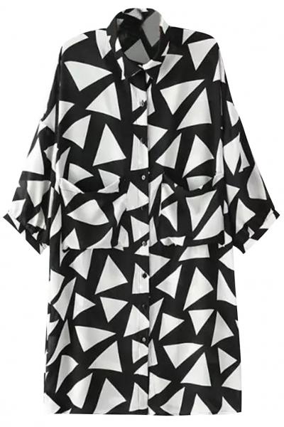 Oasap Triangle Pattern Print Color Block Long Shirt