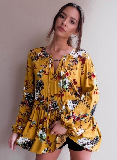 Oasap Round Neck Long Sleeve Floral Printed Tee Shirt