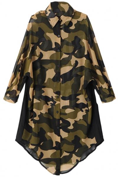 Oasap Camo Print Long Button Down Shirt